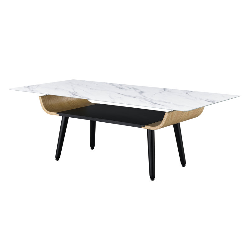 Table basse à texture de marbre blanc 47 po, bois cintré, table à pieds réglable avec surface en verre et tablette