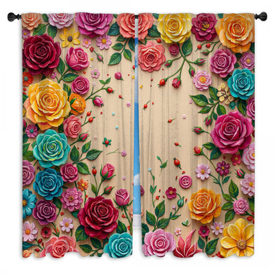 Rideaux de fenêtre en papier coloré et fleurs obscurcissant - 2 panneaux