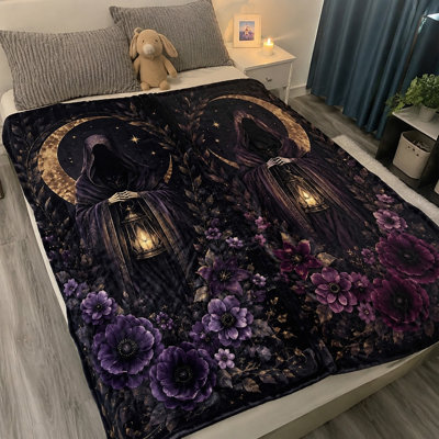 Mysterious Grim Reaper Moon Floral Blanket, Gothic Vintage Witchy Decor for Sofa Couch Bed Home Decoration