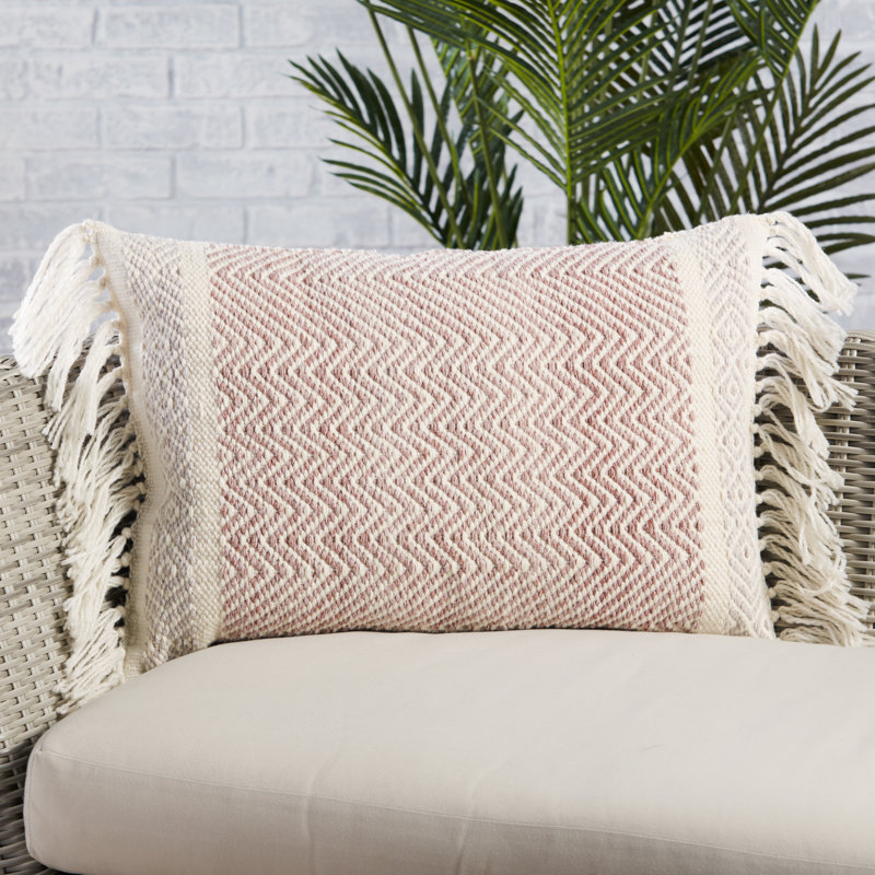 Taupe Chevron Polyester Indoor/Outdoor Lumbar Pillow with Tassels