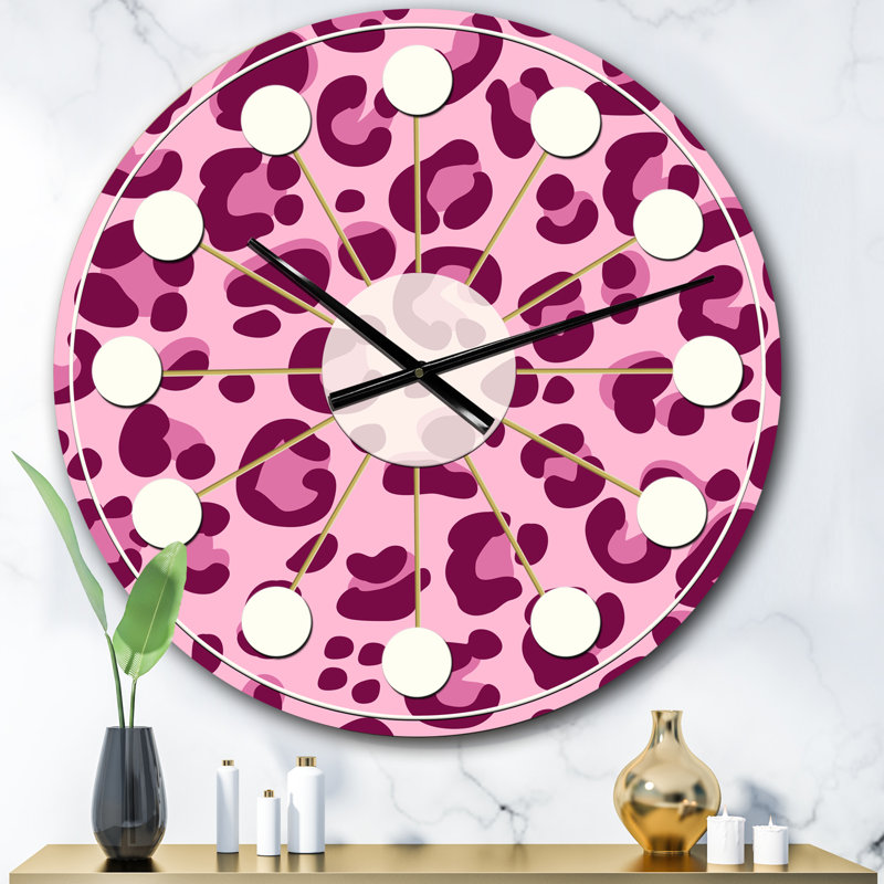 Motif léopard rose - horloge murale moderne Mid-Century, Surdimensionné