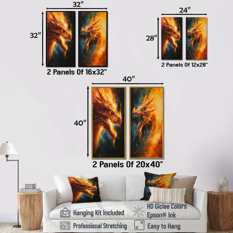Ensemble de 2 pièces d'art orange orange et jaune avec dragon en feu, H 28 po x l 24 po, Toile tendue sur cadre