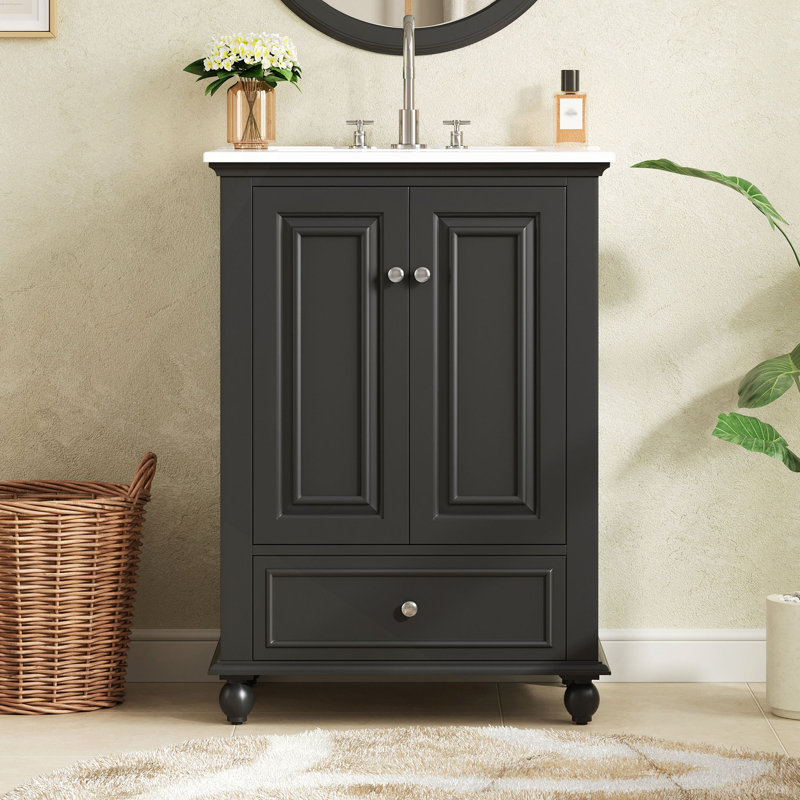 Meuble-lavabo de 24 po avec lavabo en céramique, armoire de rangement avec portes à fermeture douce, armoire de salle de bain avec tiroir et séparateurs de tiroir