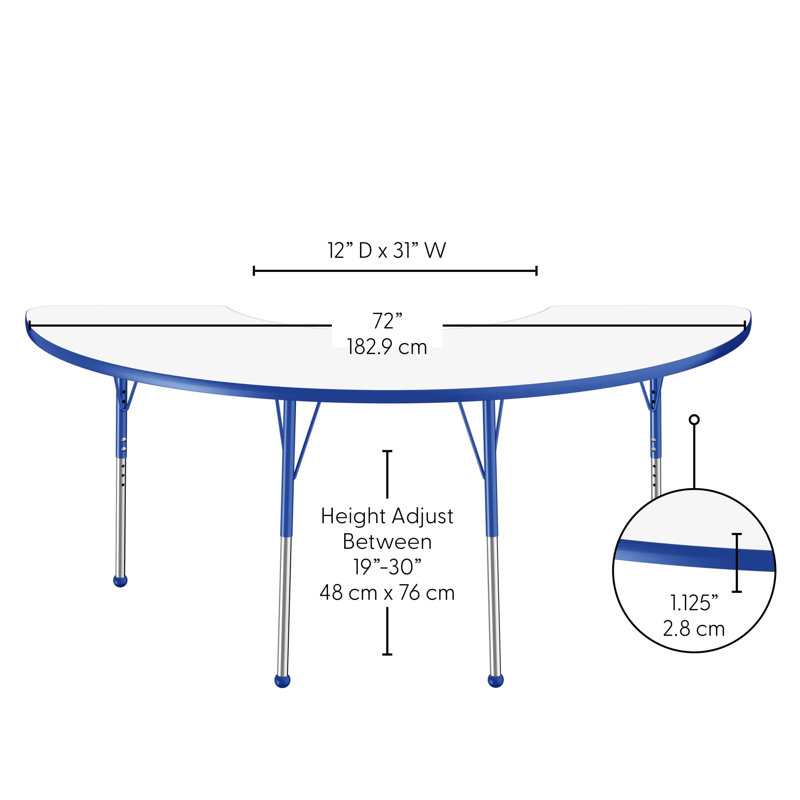Table d'activité demi-lune effaçable à sec avec pieds réglables - Blanc, Tableau blanc / bleu, Roulement à bille standard