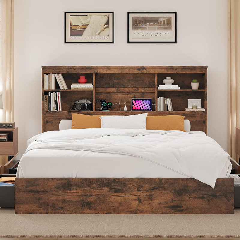Cadre de lit avec tête de lit bibliothèque haute, cadre de lit en bois avec 4 tiroirs de rangement, station de charge intégrée, aucun sommier requis, cadre en métal, silencieux