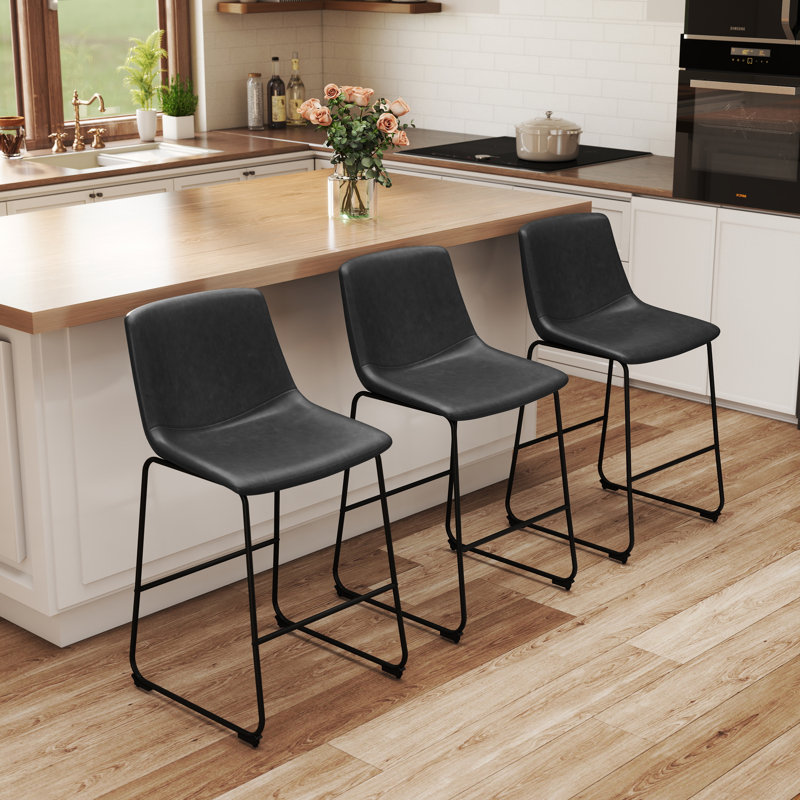 25.4'' H Modern Pu Leather Counter Stool With Metal Legs And Footrest, Gray, Counter Stool (25.4" Seat Height), 3