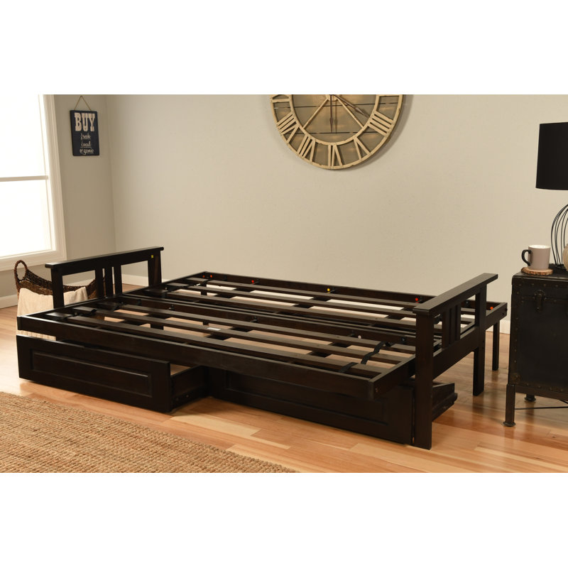 Stratford 86" Queen Futon and Mattress with Drawer set, Black Microsuede, Innerspring, Espresso