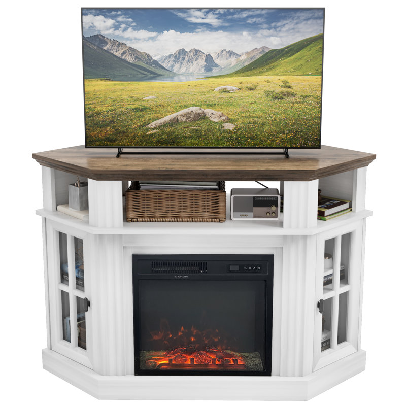 47.2" W Corner Fireplace TV Stand for TVs up to 55" with Electric Fireplace , Brown/White