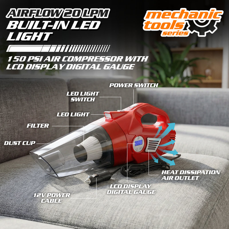 Aspirateur de voiture, mini aspirateur portatif 5500PA avec lumière DEL, filtre HEPA, tasse à poussière et compresseur d'air