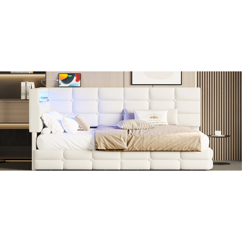 Lit de jour simple avec 2 tiroirs, station de charge et lumières à DEL - rembourré beige pour l'organisation de la chambre à coucher