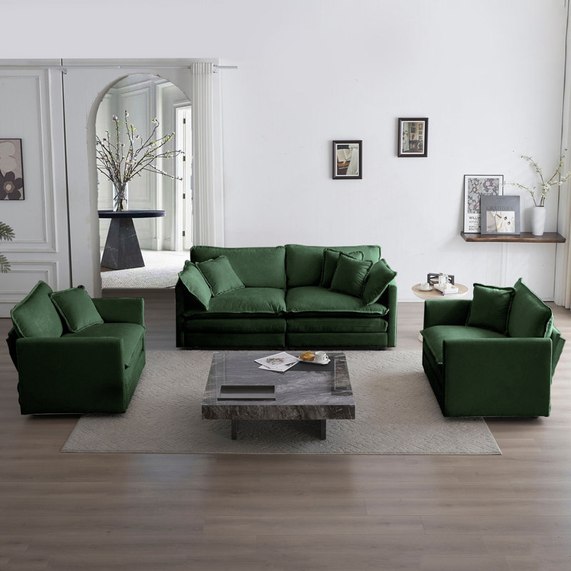 Ensemble de canapé décontracté 3 pièces avec accoudoirs et coussins décoratifs, conception peu encombrante, Vert