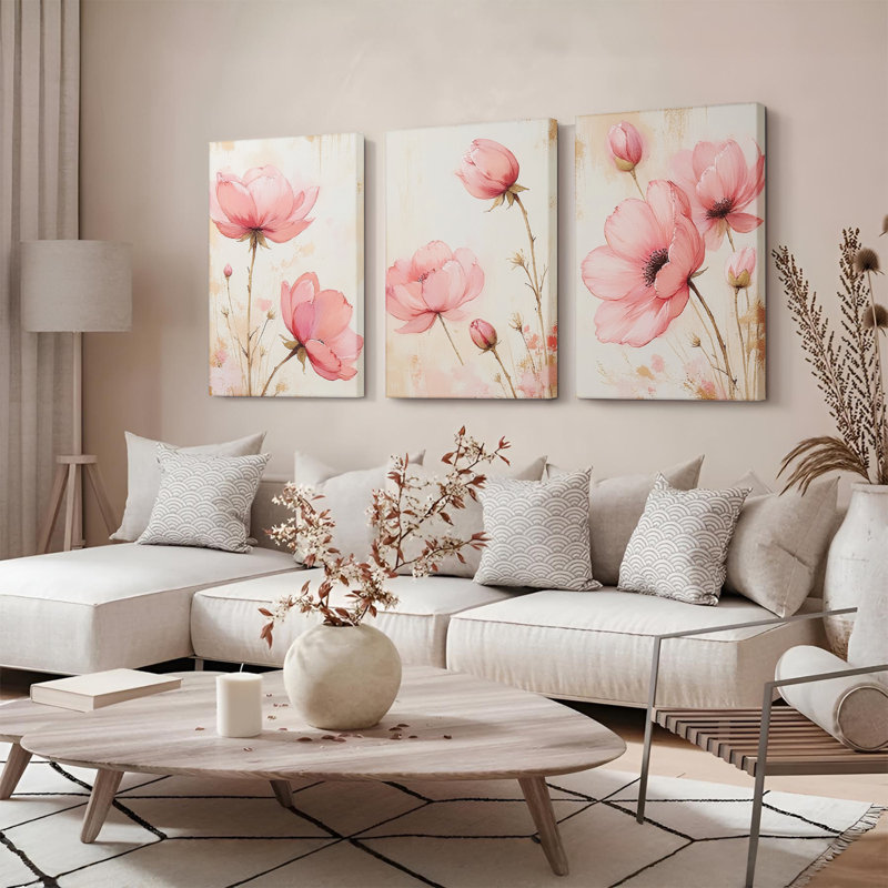 «Blush Pink Peony», reproduction d'art sur toile tendue sur toile (ensemble de 3), H 36 po x l 72 po