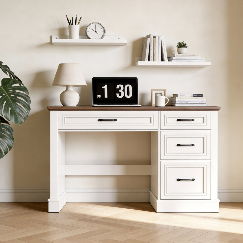 Farmhouse 47" Executive Desk With File Drawer, Brown/White
