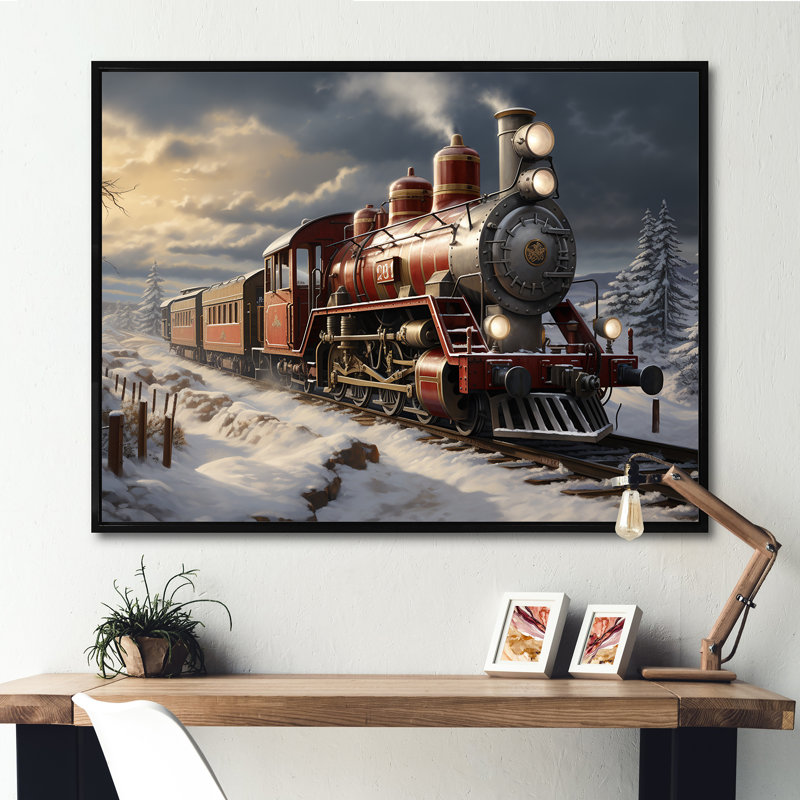 Train de Noël campagne d'hiver - train, art mural, Cadre flottant noir, H 30 po x l 40 po x P 1,5 po