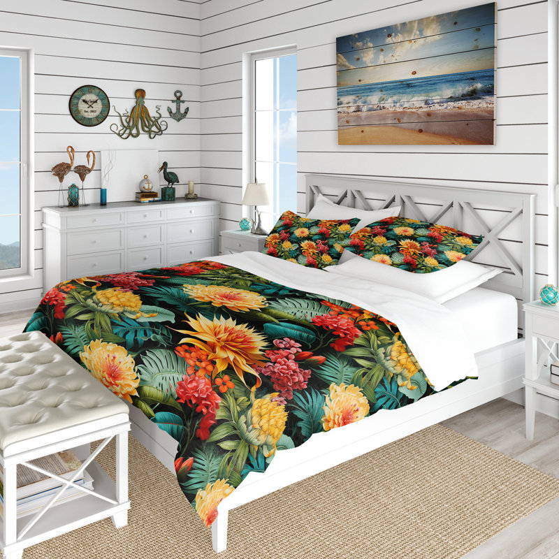 Jungle Splendor Tropical Pattern Duvet Cover, King Duvet Cover + 2 King Shams