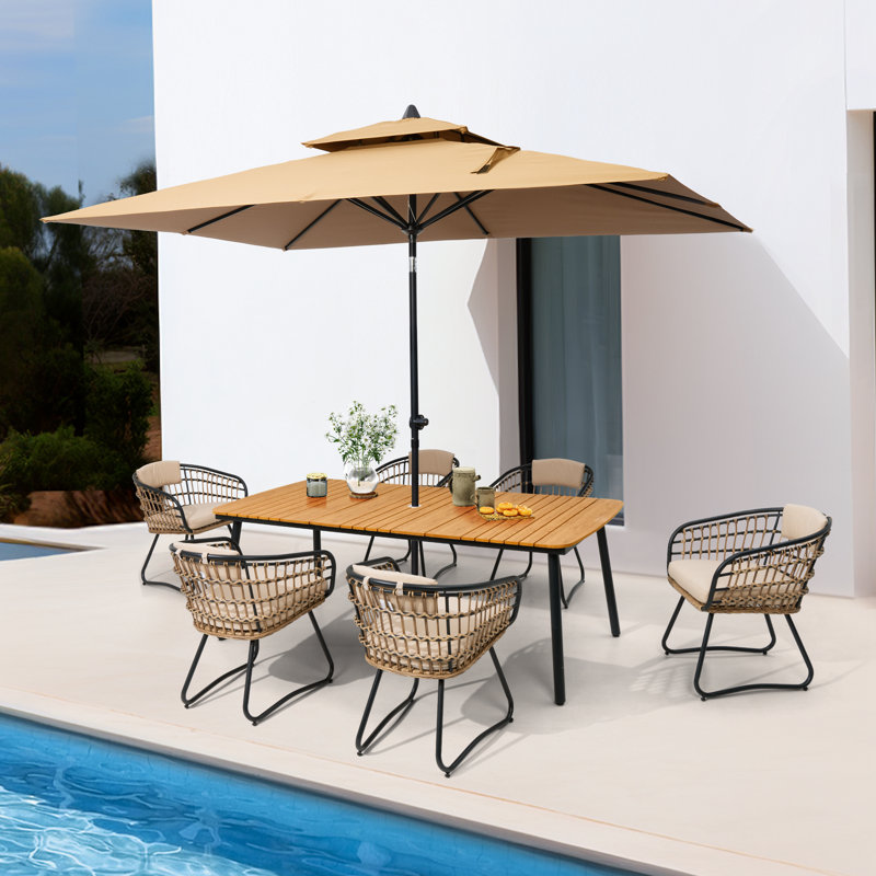 Ensemble repas pour 6 personnes avec coussins amovibles et trou pour parasol, Coussin beige / structure brune