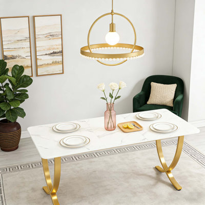 63" Modern Dining Table Kitchen Table with Faux Marble Table Top