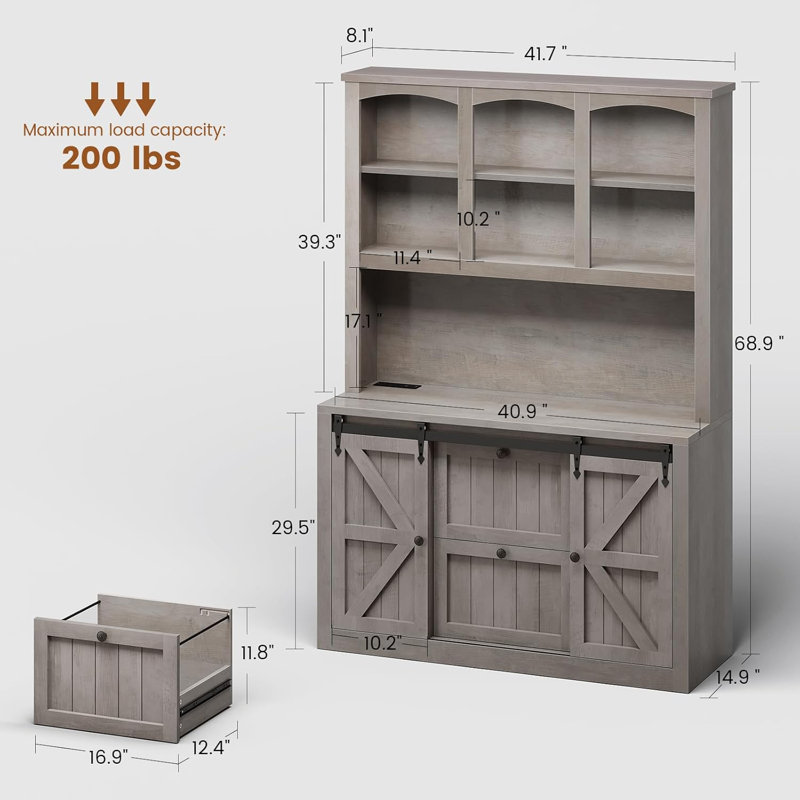 2 Drawer File Cabinet With Power Strip, 41” Farmhouse Filing Cabinet Fits Legal, Gray
