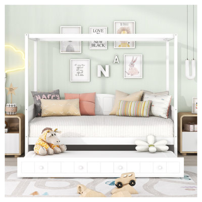 Twin Size Canopy Day Bed with Trundle, White Solid Wood and MDF Frame with Backrest