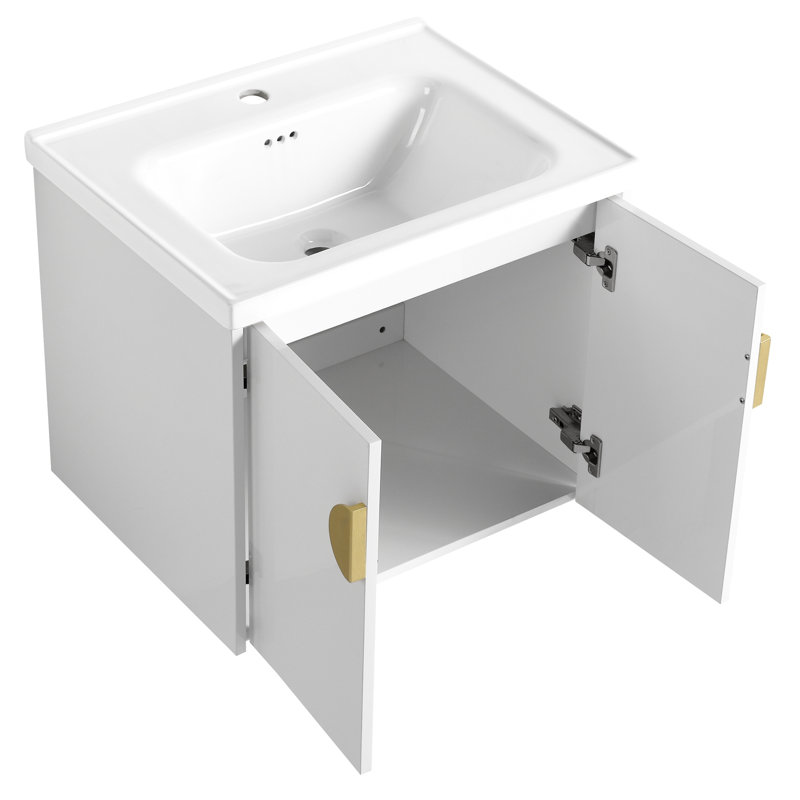 Meuble-lavabo 24 po avec lavabo, fixé au mur. Finition blanche brillante pour la salle de bain. Portes à fermeture en douceur, espace de rangement spacieux. Lavabo en céramique, lisse et propre. Poignées en métal. Base en contreplaqué, -. Non assemblé. 24