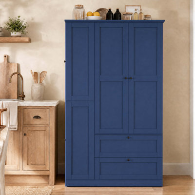 73.6" Tall Farmhouse Kitchen Pantry Cabinet with 8 Shelves, 2 Drawers, 3 Pull-Out Trays, 4 Doors and Side Cabinets for Kitchen  Dining Room