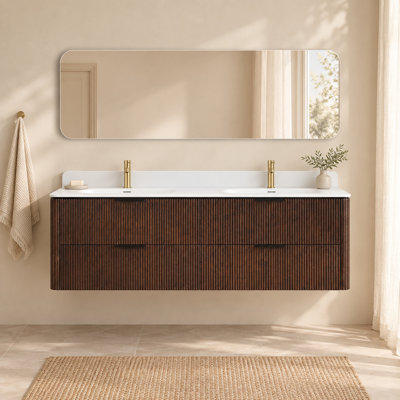 60" Walnut Floating Bathroom Vanity Set with Integrated Double Sink and 60" x 15" Vanity Mirror