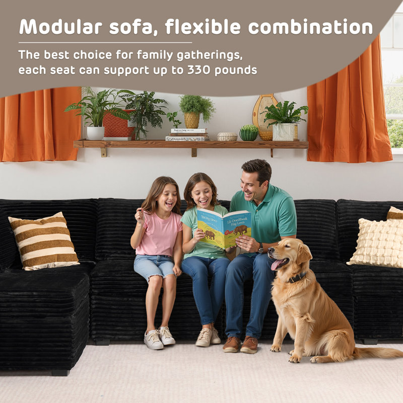 U/l-shaped Sectional Plush Corduroy Section Sofa Combination, 7 Seats, With Ottoman, Random Combination, Black Corduroy