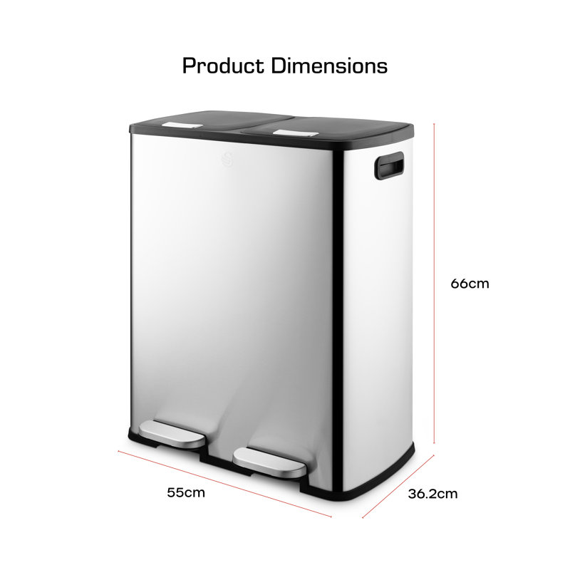 Swan 90L Recycling bin with 3 x 30L Compartments, Soft Close Lids, Foot Pedal System, Removable Inner Buckets, Stainless Steel with Fingerprint Proof Finish