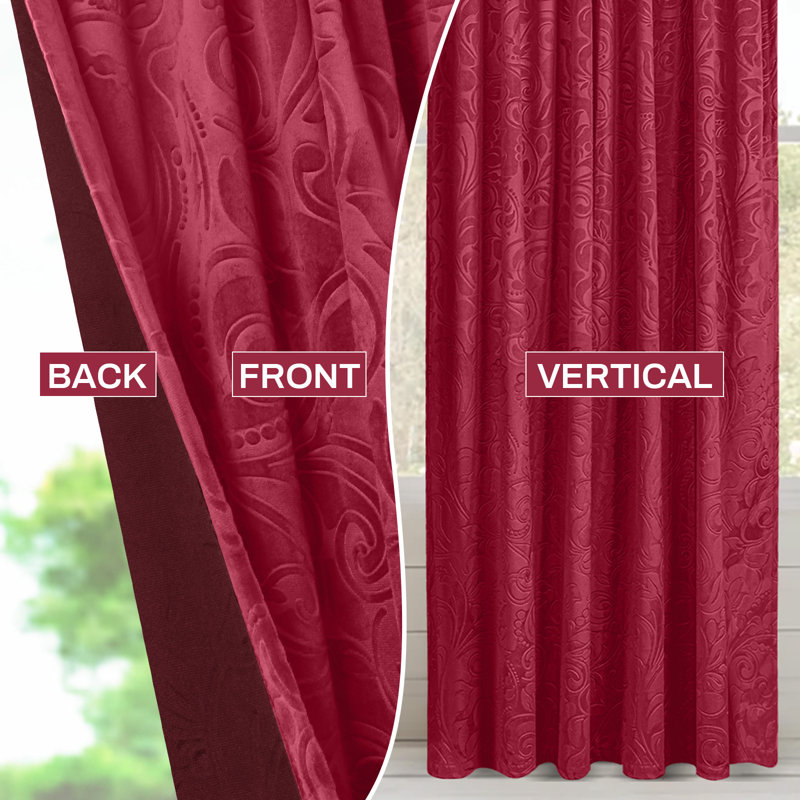 Rideaux occultant luxueux en velours à motif floral damassé et isolant thermique, L 52 po x L 108 po, Rouge