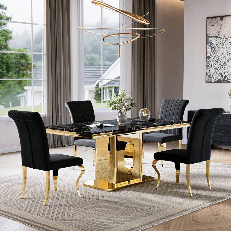 70.08”Faux Marble Top Pedestal Dining Table Set, Black/Gold, Black, Gold