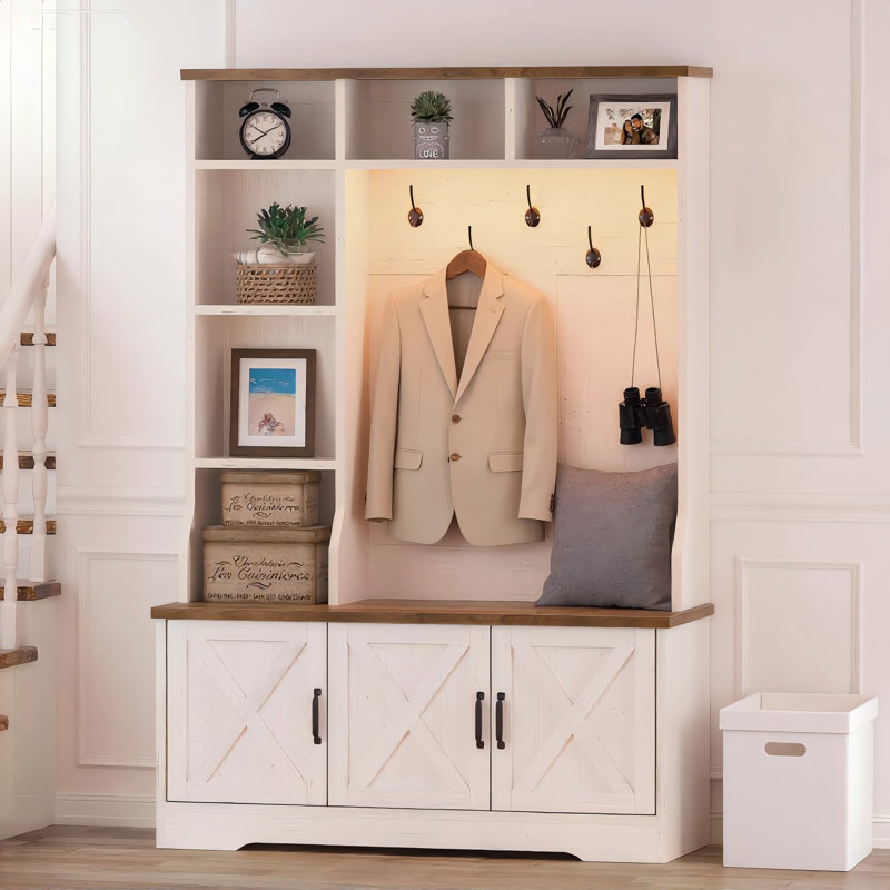 Farmhouse Entrance Porch Bench, Integrated Coat Rack LED Lights, Multi Hook Storage Compartments, Adjustable Shelves