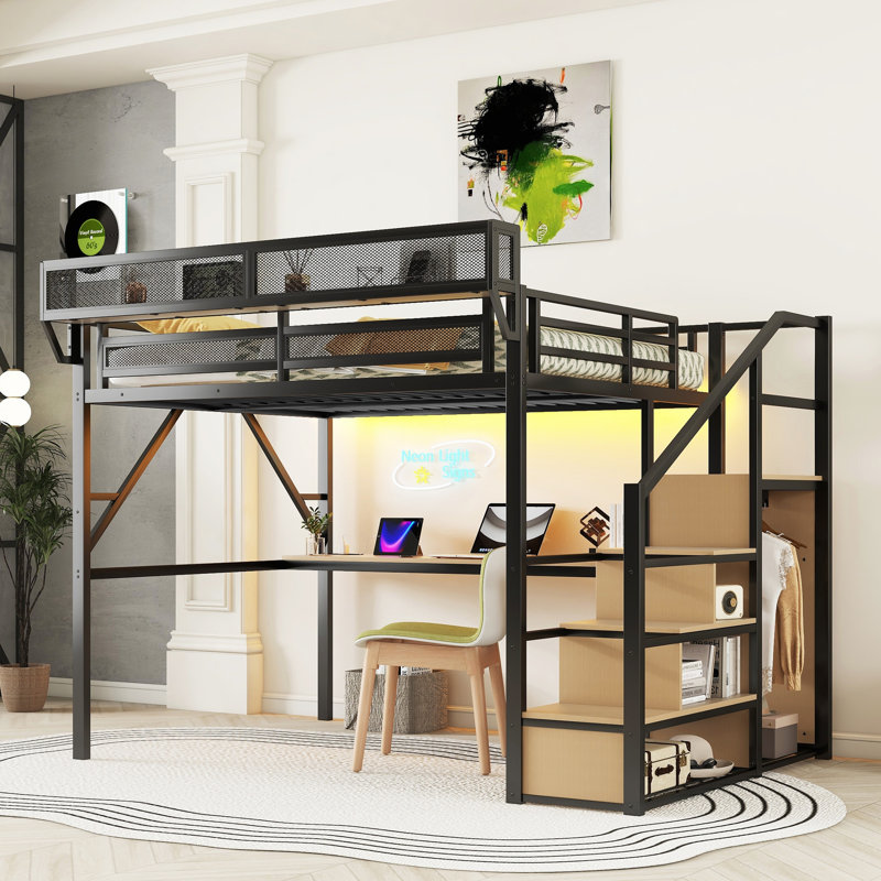 Lit mezzanine avec bureau et station de charge, Noir, Grand lit