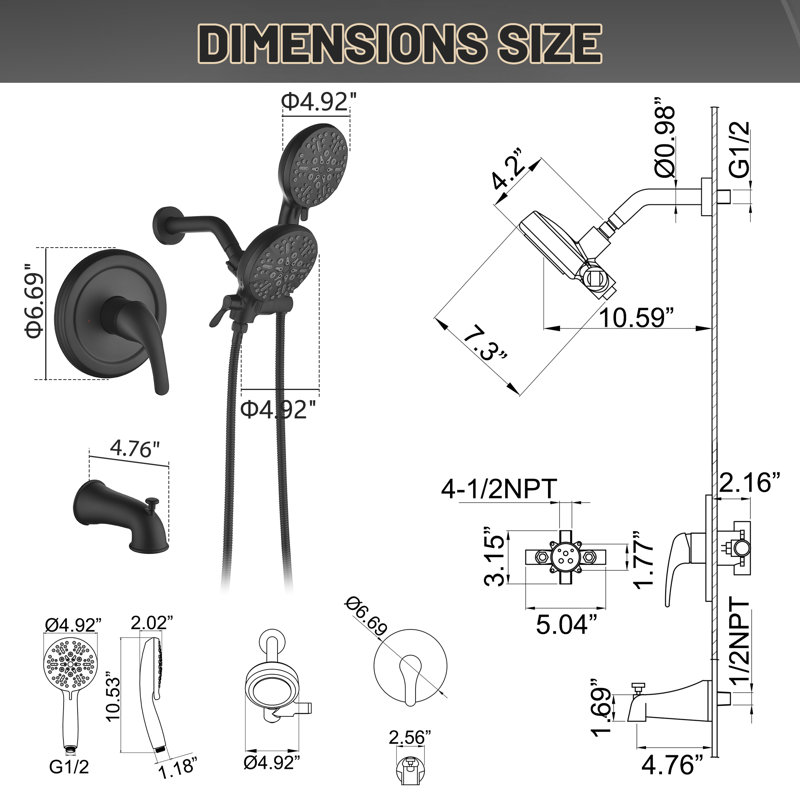 5" Shower Faucet Set with Tub Spout, Solid Brass Shower Valve Kit with Shower Head and Handheld