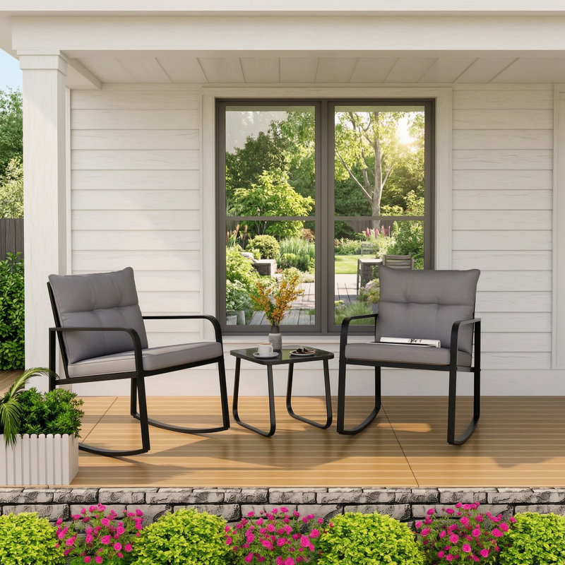 Ensemble de chaises berçantes d'extérieur pour 2 personnes avec coussins gris moelleux épais, chaises berçantes de patio moderne en métal noir avec plateau en verre