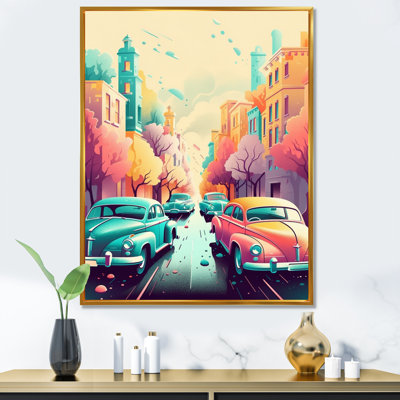 «Orange and Green Retro Roadsters», reproduction sur toile encadrée