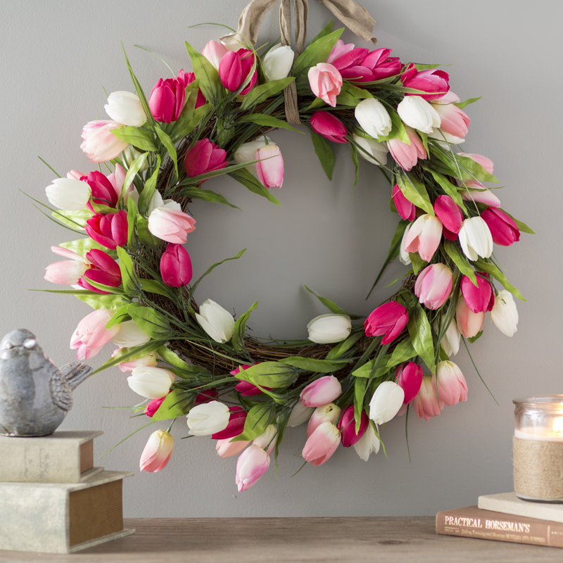 Couronne luxueuse en polysilk fleur de tulipe, Pêche, H 24 po x l 24 po x P 6 po