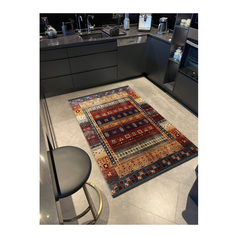 Tapis décoratif traditionnel multicolore à motifs foncés et multicolores lavable à la machine