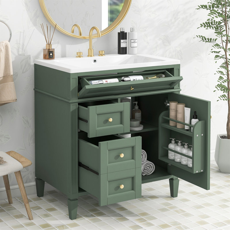 Bathroom Vanity with Top Sink, 2 Drawers and a Tip-out Drawer, Green