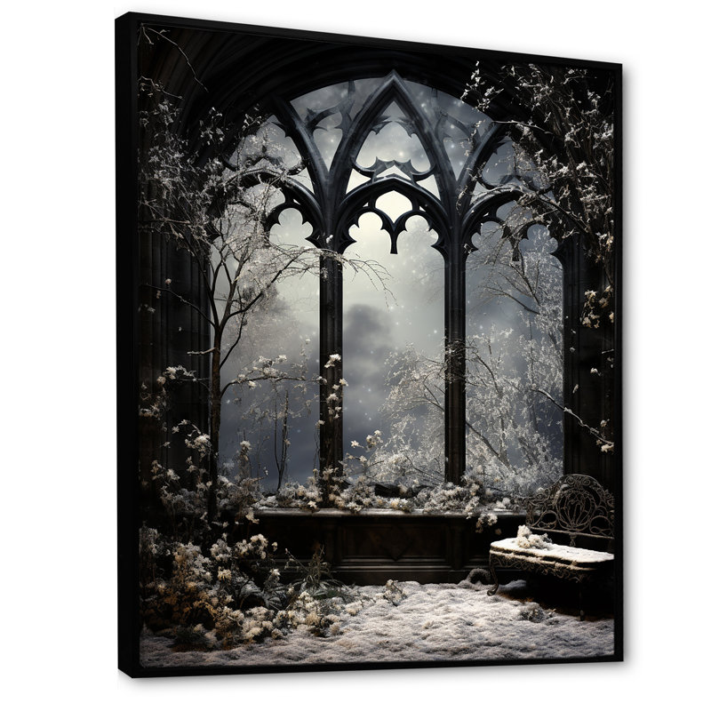 Midnight Gothic Winter Window View III - Winter Landscape Wall Art, Black Floater Framed, 44" H x 34" W x 1.5" D
