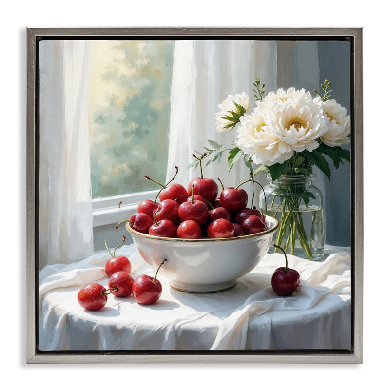Cadre flottant cerises et fleurs nature morte, design par lettré et doublé, Cadre flottant gris lustré, H 18 po x l 18 po