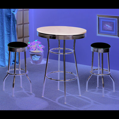 Table de bar ronde noire avec tabourets et pieds en métal, style rétro des années 50, idéale pour les repas. Décoration de salle à manger.