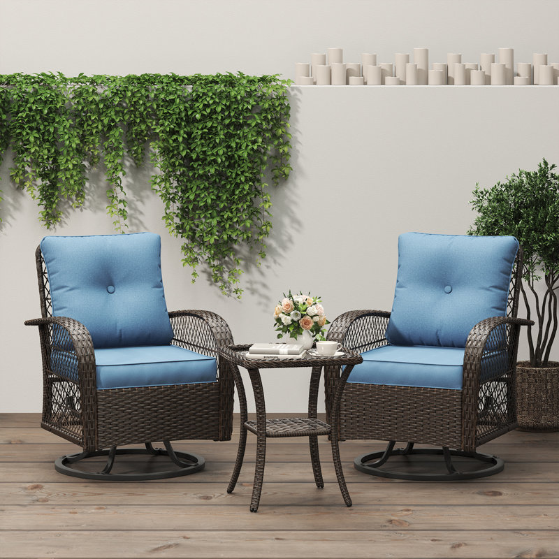 Ensemble 2 pièces de chaises pivotantes en osier avec coussins, Bleu