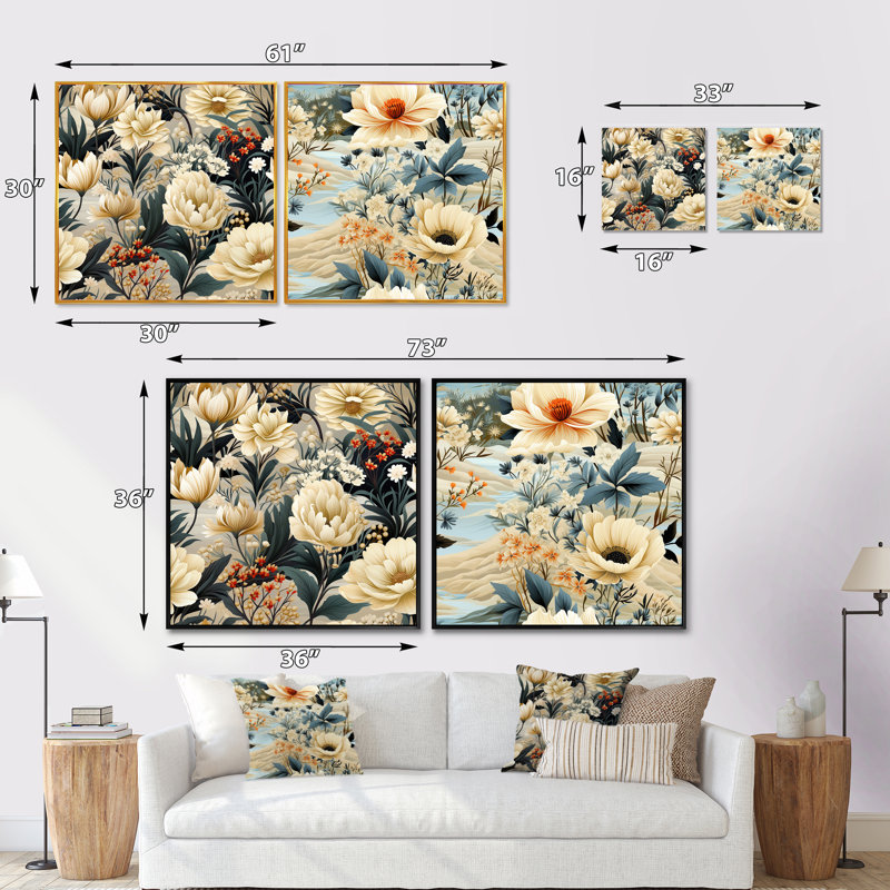 Searcy - Ensemble de 2 collages carrés floral et botanique, Cadre flottant noir, H 16 po x l 33 po