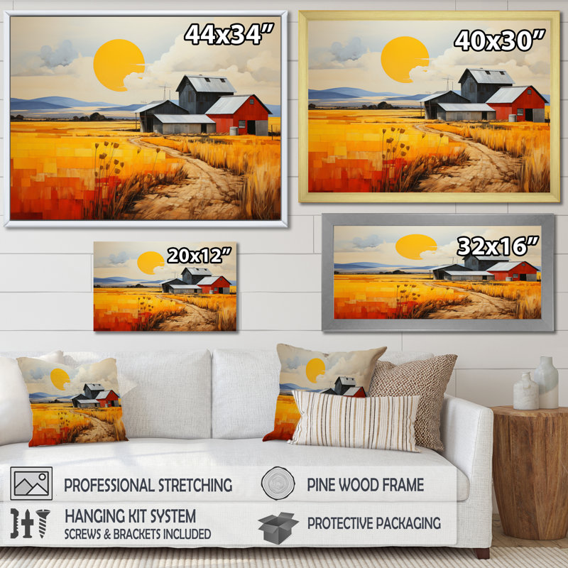 «Yellow Barn Minimalsim Landscape III - Farmhouse», reproduction d'art sur toile, H 12 po x l 20 po x P 1 po