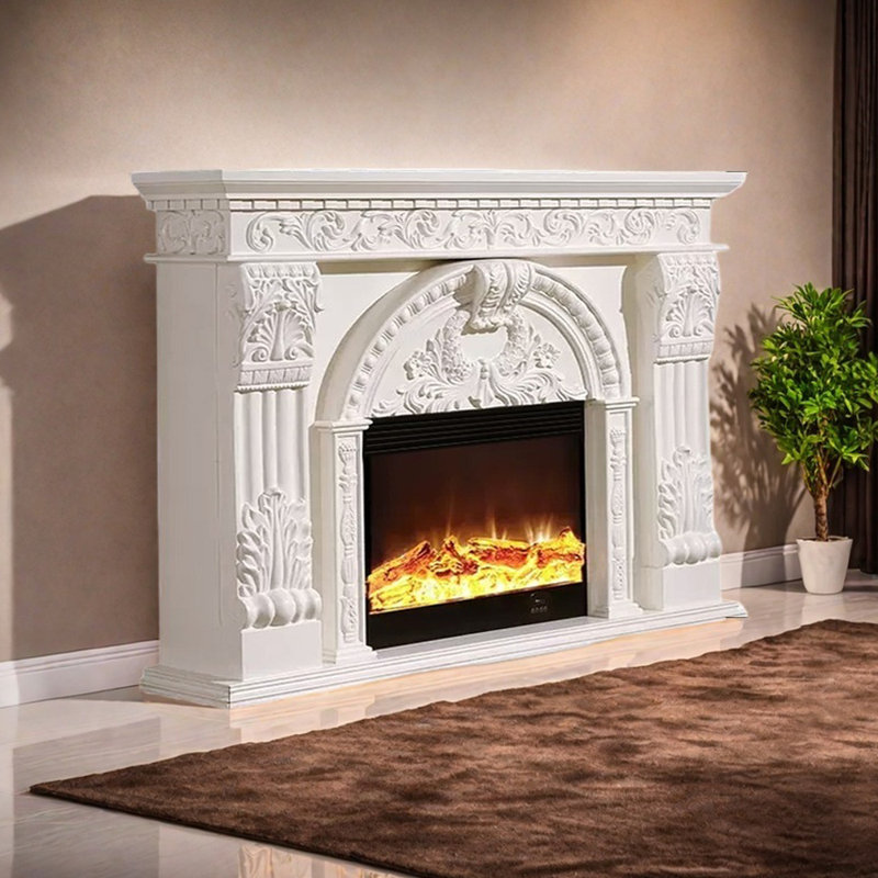 Modern simple retro carved fireplace, White, 50" H x 70.86" W x 12.99" D
