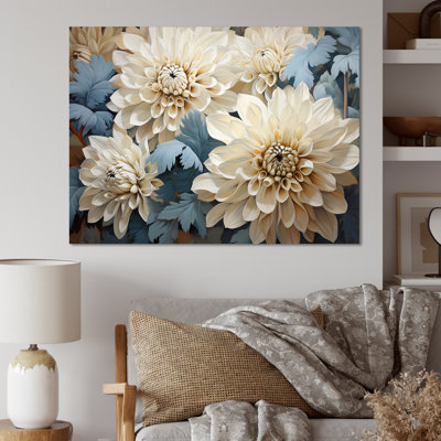 Chrysanthèmes blanc bleu mosaïque jardin II - décoration murale de chrysanthèmes