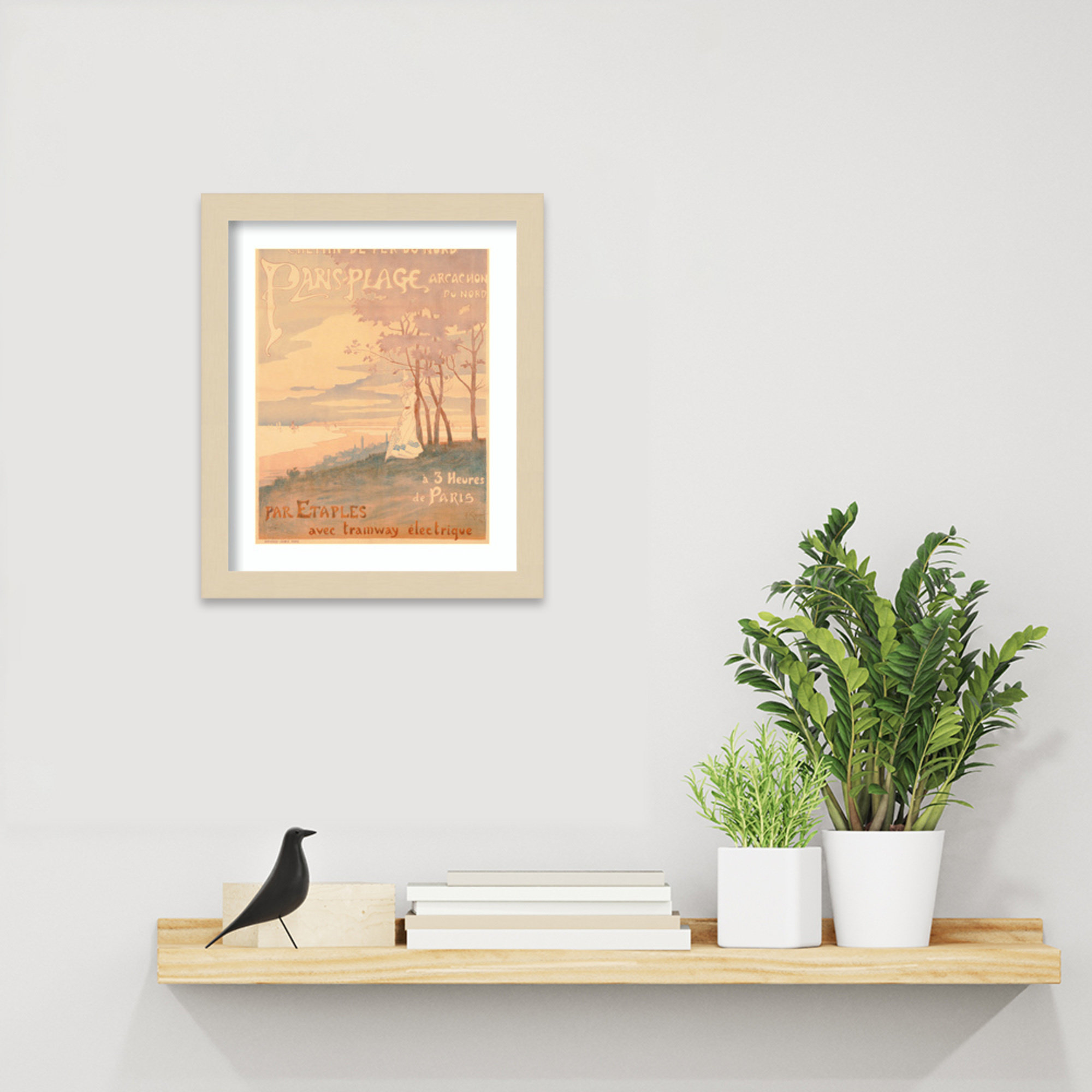 Poster Advertising Trams to Paris Plage by French School (19th century) Wood Framed Wall Art Print, 13" H x 11" W, Brown 