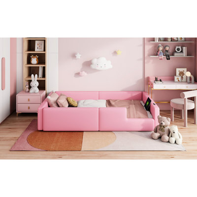 Pink Twin Size Upholstered Bed With Guardrail And Charging Station - Clean Look, High Load Capacity For Users Platform Suitable Contemporary Bedroom Styles
