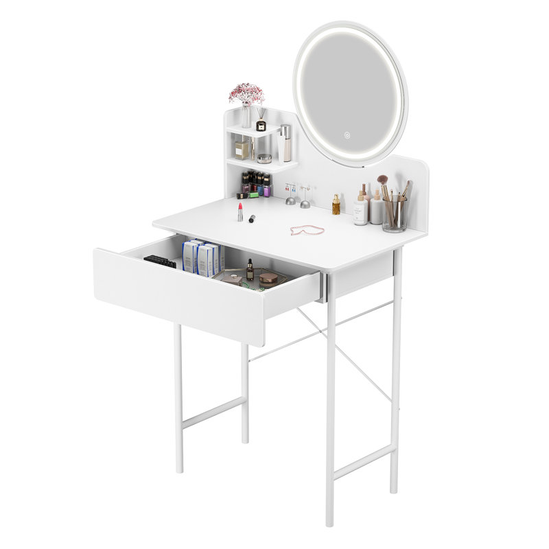 Makeup Vanity Desk With Led Lighted Mirror,Vanity Table With 1 Drawer And 2 Opening Shelves,Bedroom Dressing Table With Adjustable 3 Modes Brightness,Vanity Table Set For Women White