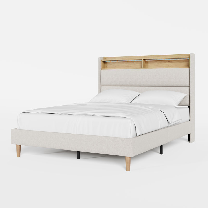 Modern Upholstered Platform Bed with Storage Headboard, Charging Station, RGB LED Lights, Beige, Queen